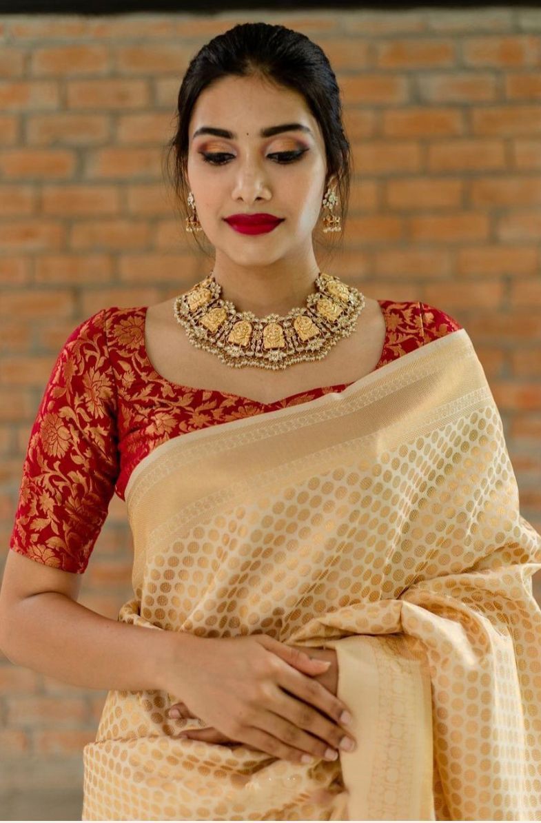 Luxurious Kanjivaram Silk Saree for Women - Elegant Beige and Red Sari with Blouse Piece - 5.5 Mtr Party Wear for Festivals and Weddings
