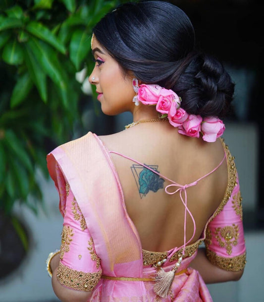 Elegant Pastel Pink Silk Saree for Women | Kanjivaram Style Banarasi Sari for Wedding & Festive Wear | Includes Designer Blouse Piece