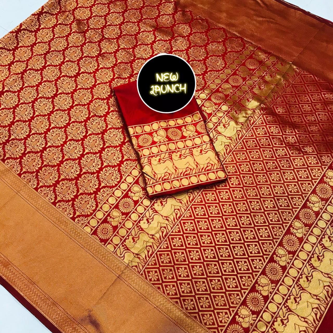 Radiant Red and Gold Banarasi Silk Saree for Women | Traditional Indian Sari for Weddings & Festive Celebrations | Includes Matching Blouse Piece