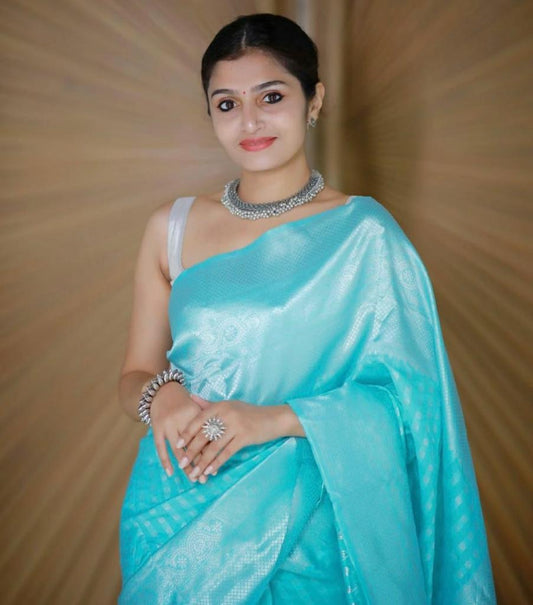 Elegant Banarasi Silk Saree for Women - Kanjivaram Sari with Blouse Piece - 5.5 Mtr Aqua Blue Party Wear Saree for Office, Festival, Wedding, Evening