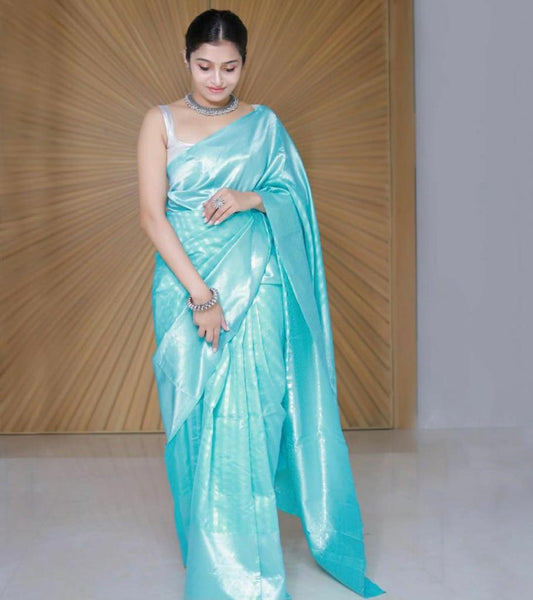Elegant Banarasi Silk Saree for Women - Kanjivaram Sari with Blouse Piece - 5.5 Mtr Aqua Blue Party Wear Saree for Office, Festival, Wedding, Evening