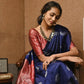 Sophisticated Kanjivaram Silk Saree for Women - Elegant Navy Blue Sari with Blouse Piece - 5.5 Mtr Party Wear for Festivals and Weddings