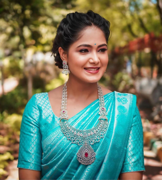 Elegant Kanjivaram Silk Saree for Women - Beautiful Aqua Blue Sari with Blouse Piece - 5.5 Mtr Party Wear for Festivals and Weddings