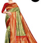 Green and Copper Zari Woven Banarasi Silk Saree for Women – Elegant Traditional Silk Saree with Red Border & Blouse Piece for Wedding & Festive Wear