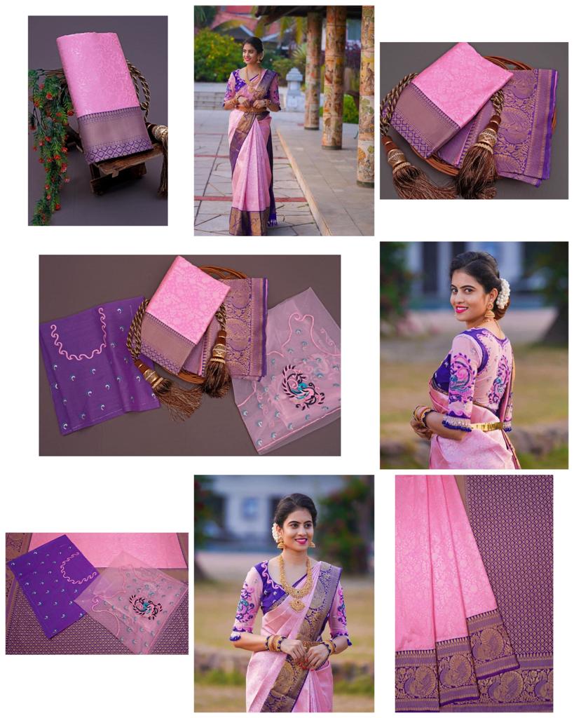 Delightful Light Pink and Purple Silk Saree for Women | Banarasi Kanjivaram Style Sari for Festive Celebrations & Weddings | Includes Designer Blouse Piece