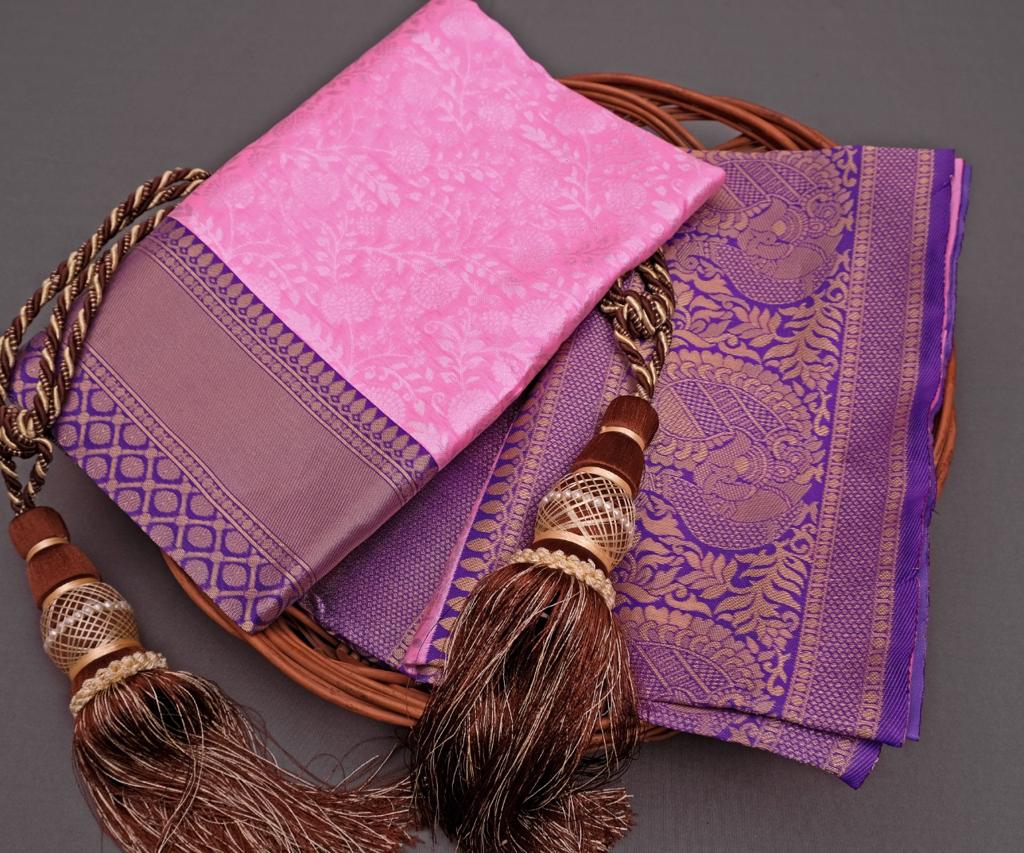 Delightful Light Pink and Purple Silk Saree for Women | Banarasi Kanjivaram Style Sari for Festive Celebrations & Weddings | Includes Designer Blouse Piece
