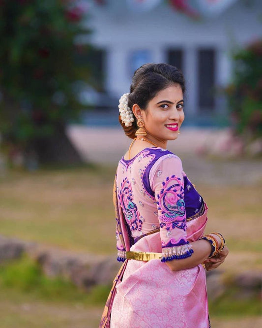 Delightful Light Pink and Purple Silk Saree for Women | Banarasi Kanjivaram Style Sari for Festive Celebrations & Weddings | Includes Designer Blouse Piece