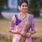 Delightful Light Pink and Purple Silk Saree for Women | Banarasi Kanjivaram Style Sari for Festive Celebrations & Weddings | Includes Designer Blouse Piece