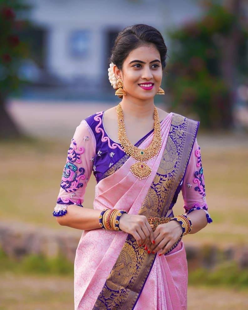 Delightful Light Pink and Purple Silk Saree for Women | Banarasi Kanjivaram Style Sari for Festive Celebrations & Weddings | Includes Designer Blouse Piece