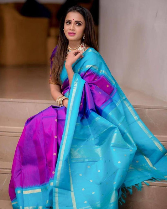 Stunning Kanjivaram Silk Saree for Women - Vibrant Purple and Blue Sari with Blouse Piece - 5.5 Mtr Party Wear for Festivals and Weddings