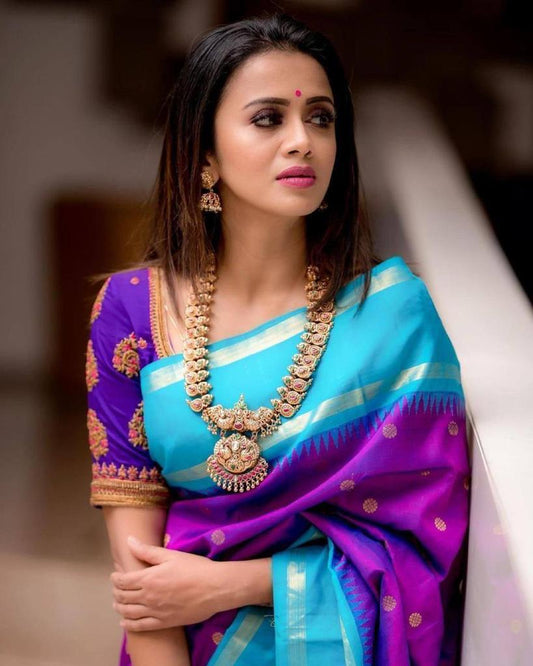 Stunning Kanjivaram Silk Saree for Women - Vibrant Purple and Blue Sari with Blouse Piece - 5.5 Mtr Party Wear for Festivals and Weddings