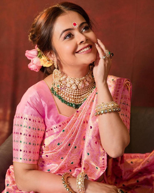 Designer Pink Banarasi Silk Saree for Women – Wedding & Party Wear Embroidered Saree with Rich Zari Weaving & Blouse Piece