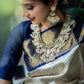 Elegant Cream and Navy Blue Silk Saree for Women | Kanjivaram Style Banarasi Sari for Wedding & Festive Wear | Includes Contrasting Blouse Piece