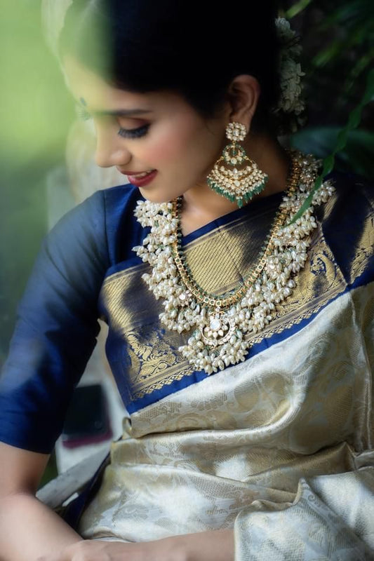 Elegant Cream and Navy Blue Silk Saree for Women | Kanjivaram Style Banarasi Sari for Wedding & Festive Wear | Includes Contrasting Blouse Piece
