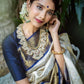 Elegant Cream and Navy Blue Silk Saree for Women | Kanjivaram Style Banarasi Sari for Wedding & Festive Wear | Includes Contrasting Blouse Piece