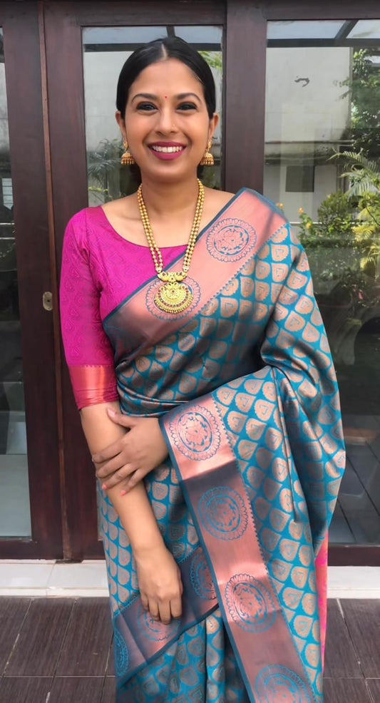 Teal Blue & Pink Banarasi Silk Saree for Women with Zari Weaving | Traditional Kanjivaram Style Party Wear Saree with Blouse Piece – 5.5 Meters