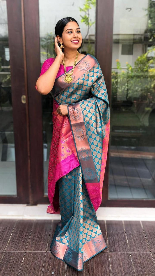 Teal Blue & Pink Banarasi Silk Saree for Women with Zari Weaving | Traditional Kanjivaram Style Party Wear Saree with Blouse Piece – 5.5 Meters