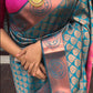 Teal Blue & Pink Banarasi Silk Saree for Women with Zari Weaving | Traditional Kanjivaram Style Party Wear Saree with Blouse Piece – 5.5 Meters