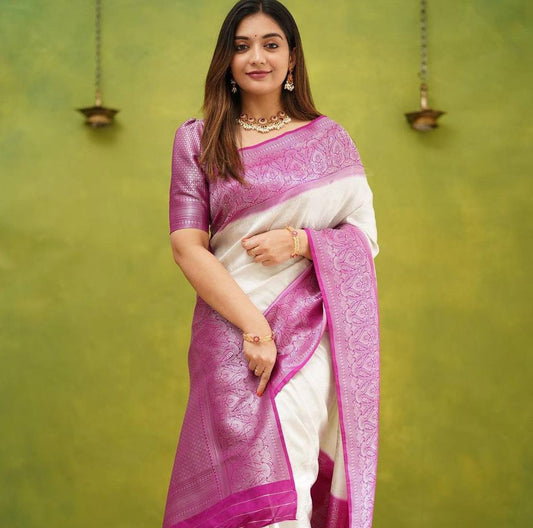 White and Pink Banarasi Silk Saree for Women | Traditional Kanjivaram-Style Saree with Rich Zari Weaving and Blouse Piece – Perfect for Wedding, Party & Festive Wear