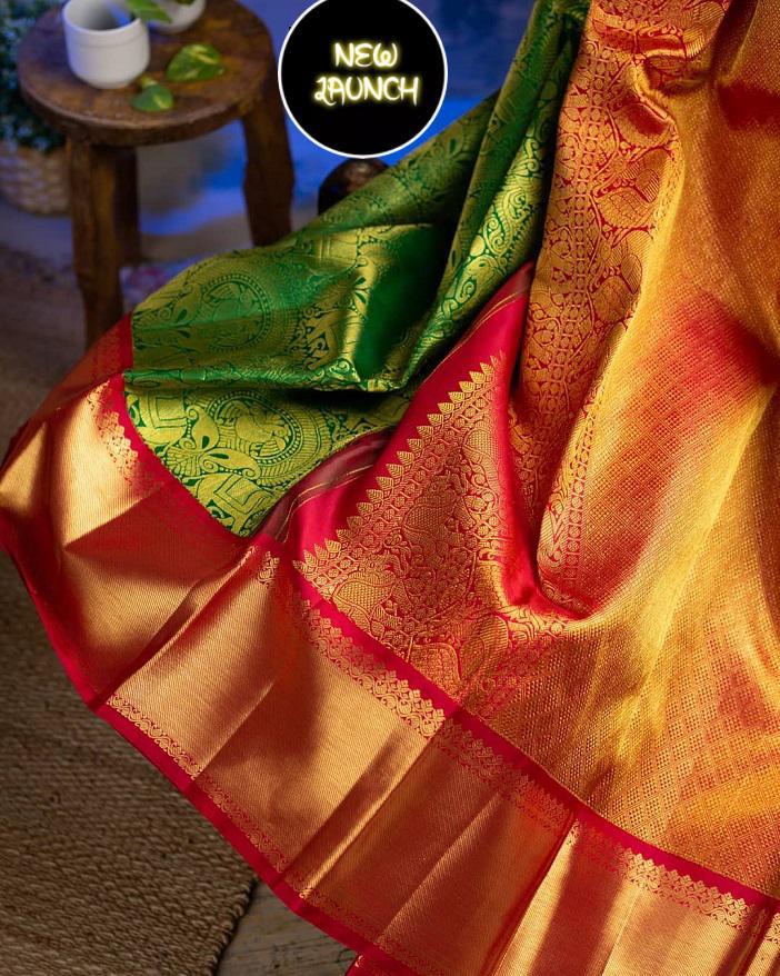 Green and Copper Zari Woven Banarasi Silk Saree for Women – Elegant Traditional Silk Saree with Red Border & Blouse Piece for Wedding & Festive Wear