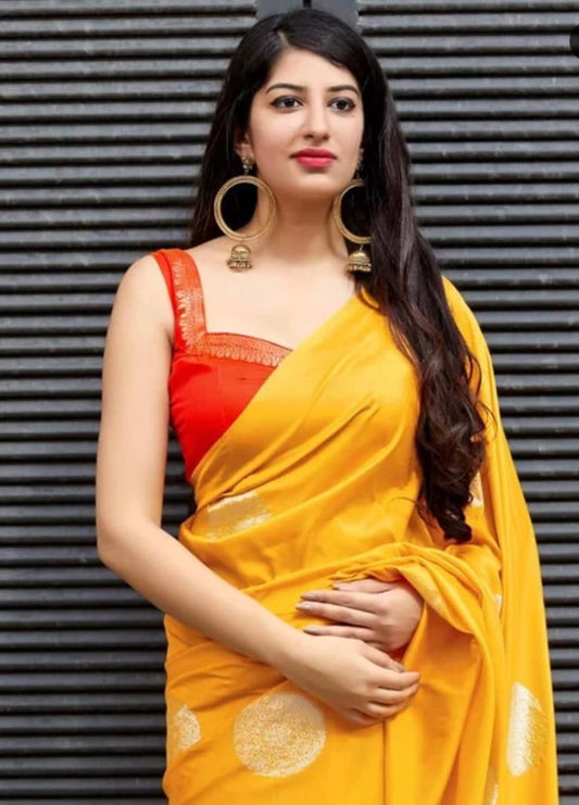 Vibrant Kanjivaram Silk Saree for Women - Stunning Yellow and Orange Sari with Blouse Piece - 5.5 Mtr Party Wear for Festivals and Weddings