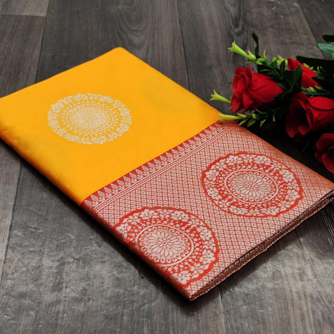 Vibrant Kanjivaram Silk Saree for Women - Stunning Yellow and Orange Sari with Blouse Piece - 5.5 Mtr Party Wear for Festivals and Weddings