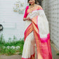 Elegant Cream and Pink Silk Saree for Women | Kanjivaram Style Woven Banarasi Sari for Wedding & Festive Wear | Includes Contrasting Blouse Piece