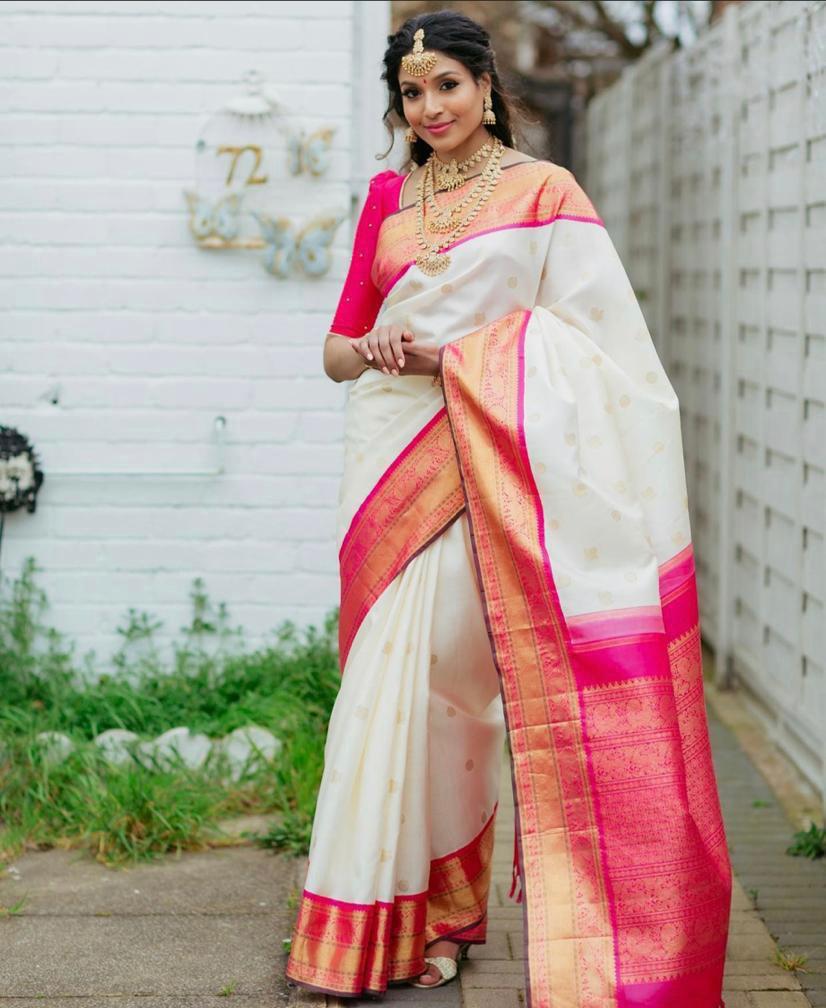 Elegant Cream and Pink Silk Saree for Women | Kanjivaram Style Woven Banarasi Sari for Wedding & Festive Wear | Includes Contrasting Blouse Piece