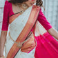 Elegant Cream and Pink Silk Saree for Women | Kanjivaram Style Woven Banarasi Sari for Wedding & Festive Wear | Includes Contrasting Blouse Piece