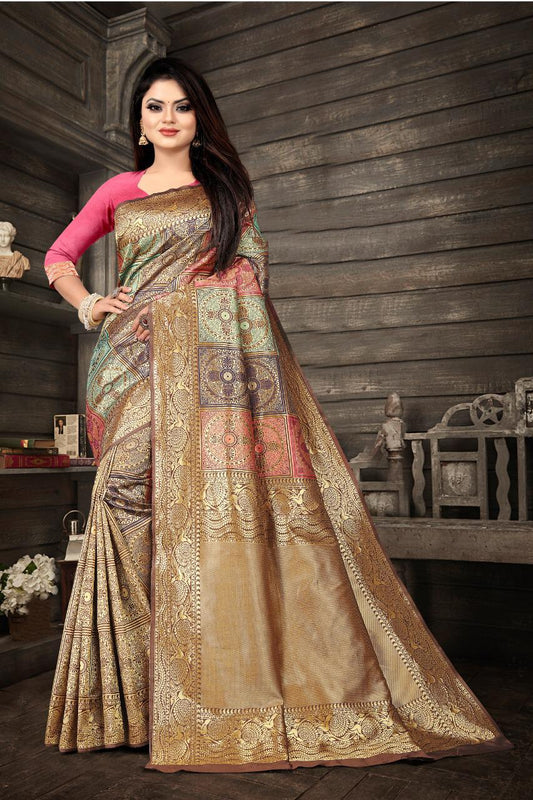 Multicolor Soft Banarasi Silk Saree for Women | Traditional Golden Zari Woven Pallu & Rich Design | Blouse Piece Included – Wedding, Festival & Party Wear Saree