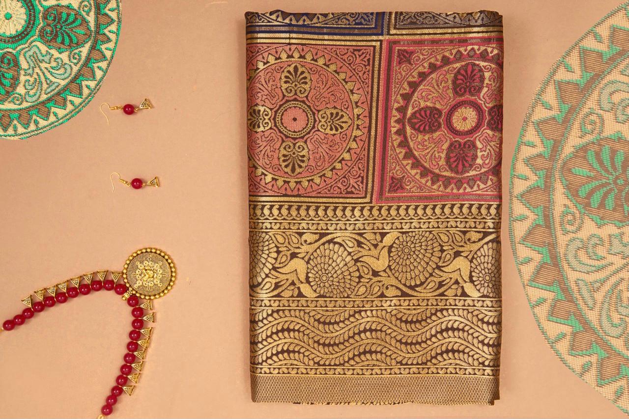 Multicolor Soft Banarasi Silk Saree for Women | Traditional Golden Zari Woven Pallu & Rich Design | Blouse Piece Included – Wedding, Festival & Party Wear Saree