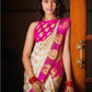 Elegant White and Rani Pink Banarasi Silk Saree with Golden Butta Weaving | Festive Wear Silk Sari with Rich Pallu & Designer Blouse Piece