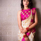 Elegant White and Rani Pink Banarasi Silk Saree with Golden Butta Weaving | Festive Wear Silk Sari with Rich Pallu & Designer Blouse Piece