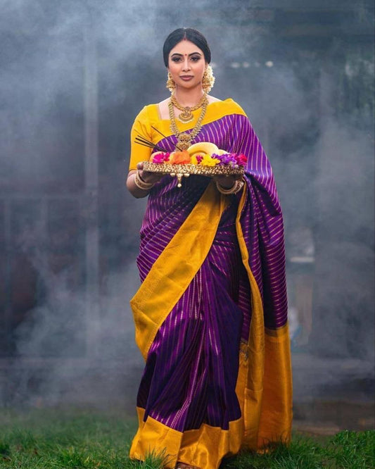 Purple and Mustard Yellow Banarasi Silk Saree for Women | Traditional Kanjivaram Style Paithani-Inspired Saree with Golden Zari Border & Blouse Piece – Perfect for Festival, Wedding & Party Wear