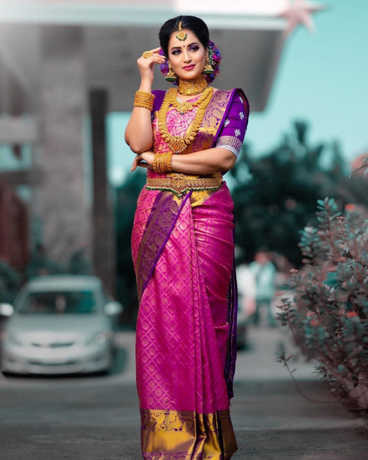 Exquisite Pink and Purple Banarasi Silk Saree for Women | Kanjivaram Style Party Wear Sari | Traditional Indian Festive & Wedding Attire | Includes Blouse Piece