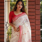 Handwoven Off-White Cotton Sari with Red Temple Border & Geometric Pallu | Bengali Traditional Saree for Women | Soft Cotton Saree with Blouse Piece