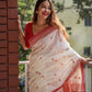 Handwoven Off-White Cotton Sari with Red Temple Border & Geometric Pallu | Bengali Traditional Saree for Women | Soft Cotton Saree with Blouse Piece